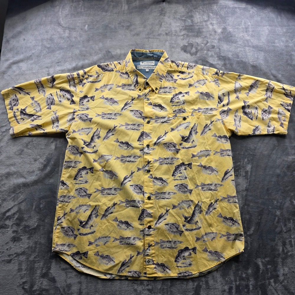 Columbia Fish Print Shirt XL Yellow Mens Button Down Cotton Short Sleeve Fishing